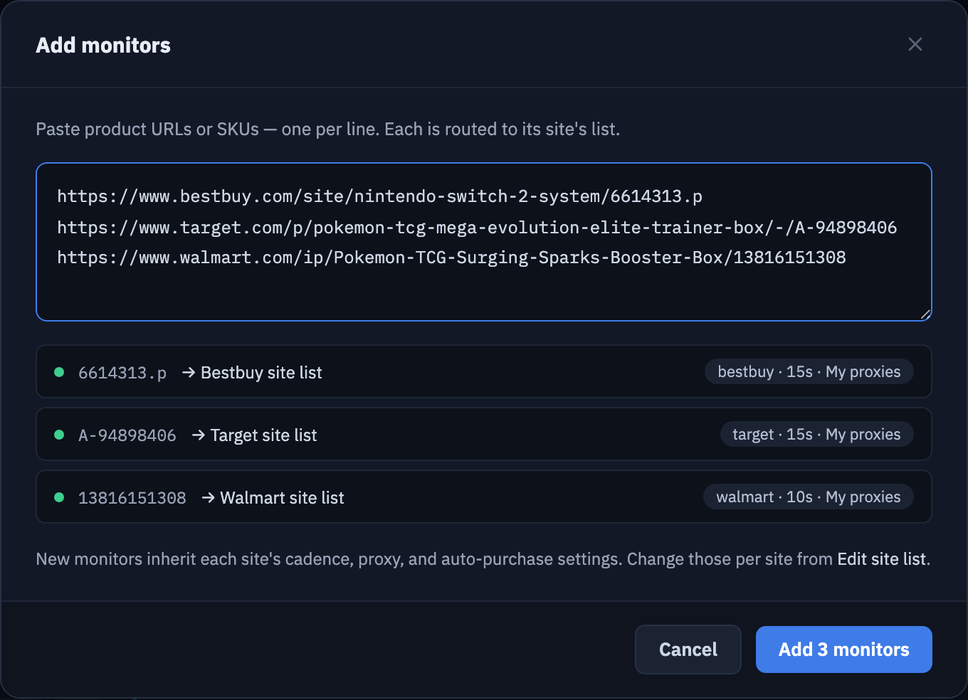 The Add monitors dialog with three pasted links from Best Buy, Target and Walmart, each matched to its store, and an Add 3 monitors button.