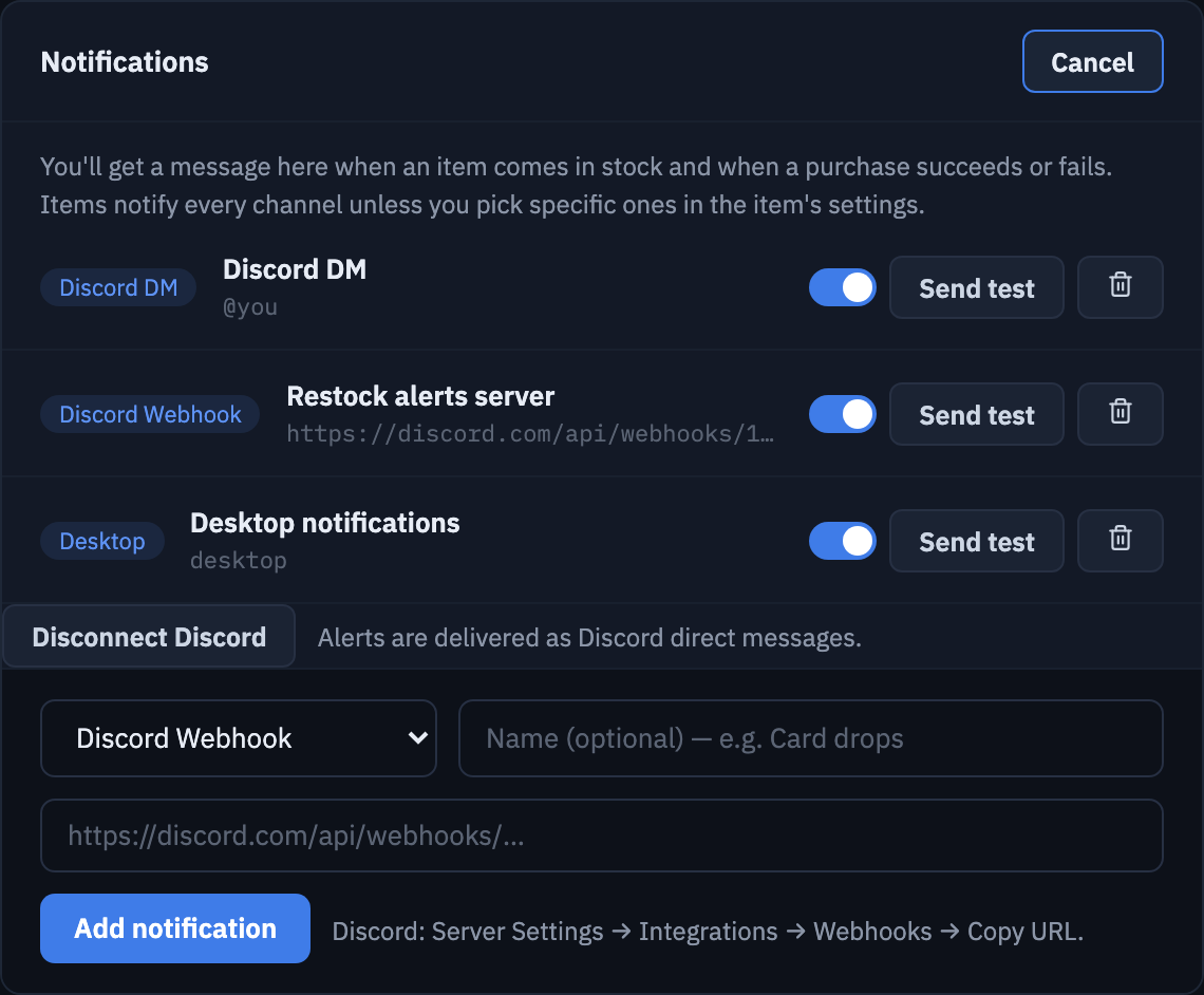 Sentinel's Notifications settings with a Discord DM, a Discord webhook and desktop notifications set up, and the form for adding another Discord webhook.