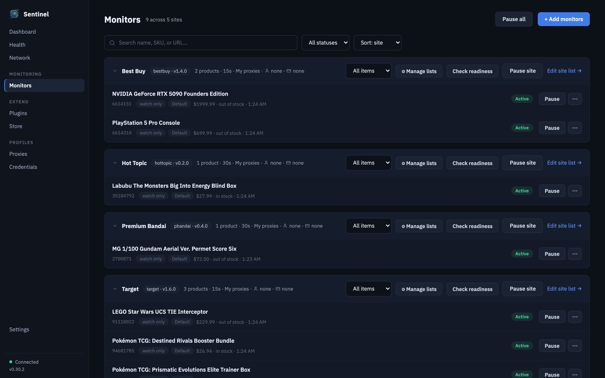 The Monitors page with a search box, status filter, Pause all button, and products grouped by store with Pause buttons.