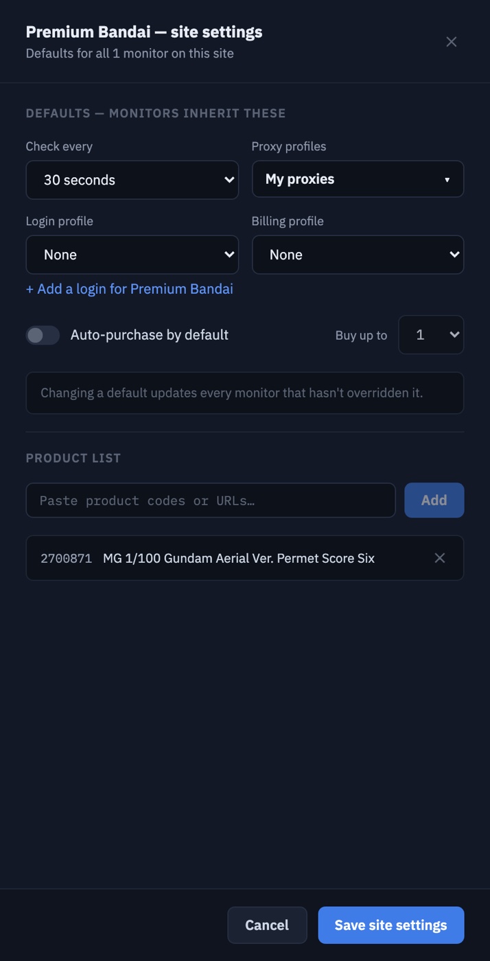 Site settings for Premium Bandai with Check every set to 30 seconds, a proxy profile selected, and the store's product list.