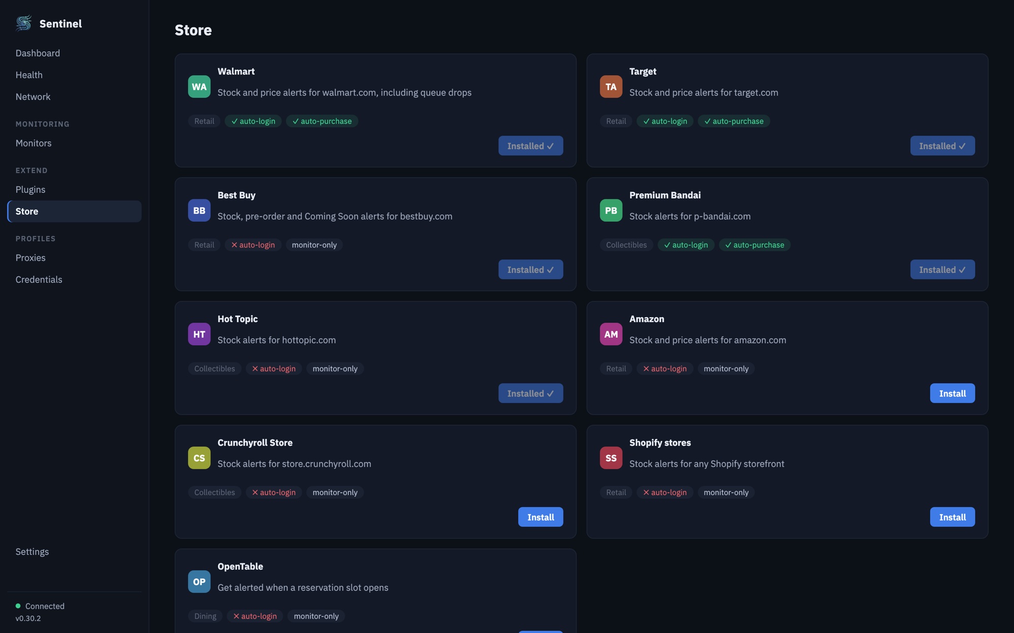 The Store page listing Walmart, Target, Best Buy, Premium Bandai and Hot Topic as installed, with Install buttons for Amazon, Crunchyroll Store, Shopify stores and OpenTable.
